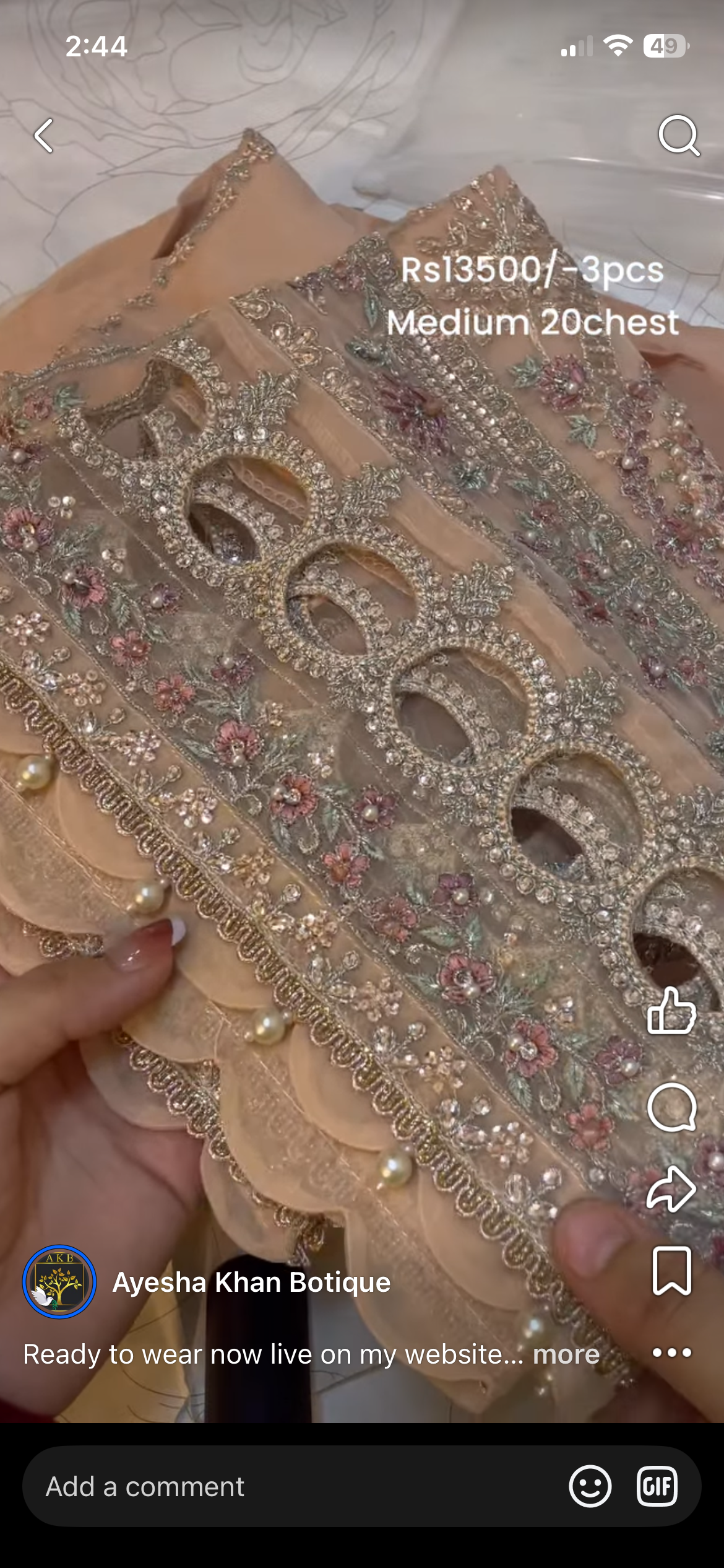 Hussain rehar ready to wear organza 3pcs Medium chest20