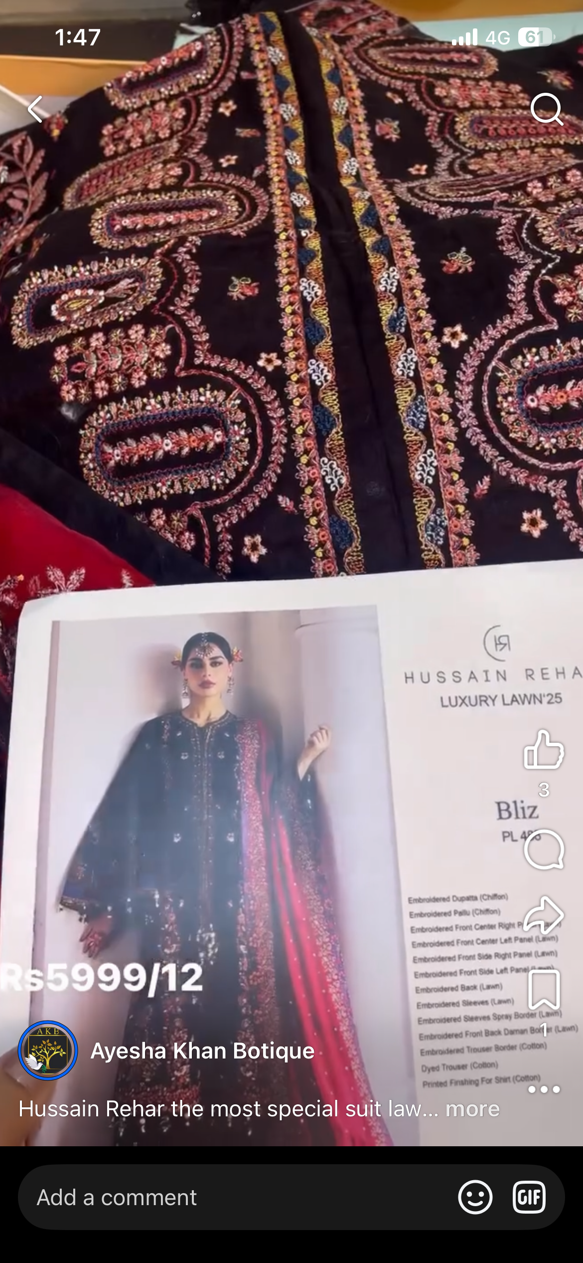 Hussain rehar black lawn