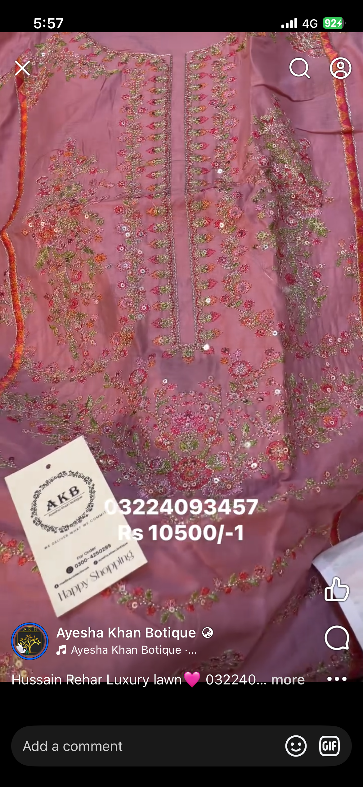 Hussain Rehar luxury lawn pink single