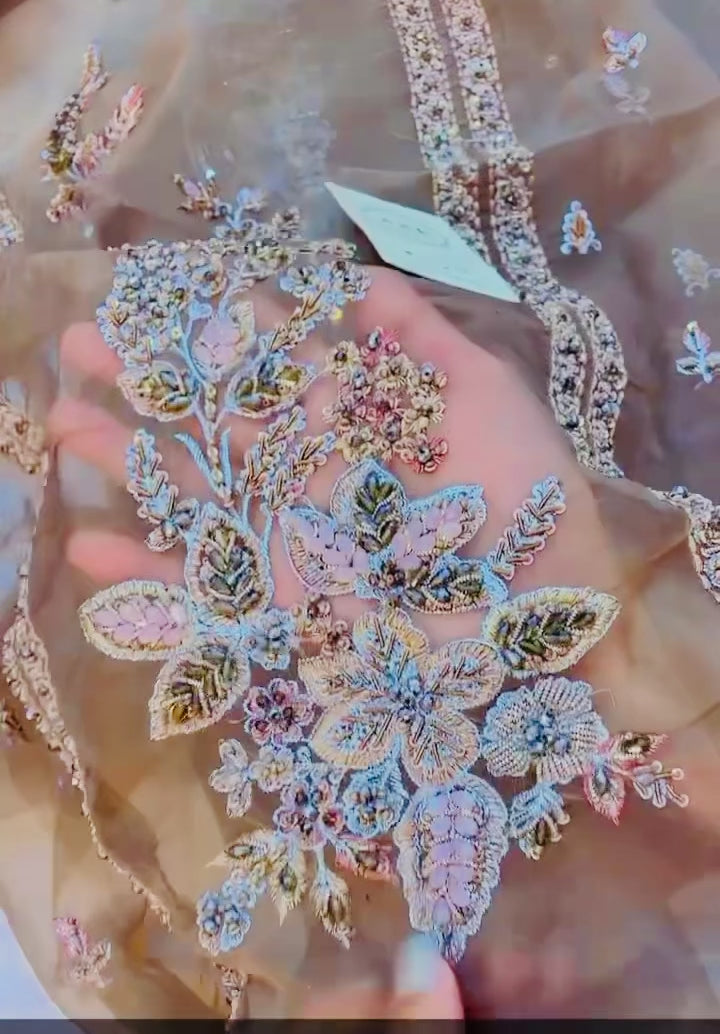 Faiza Saqlain brown Organza with Net Dupta